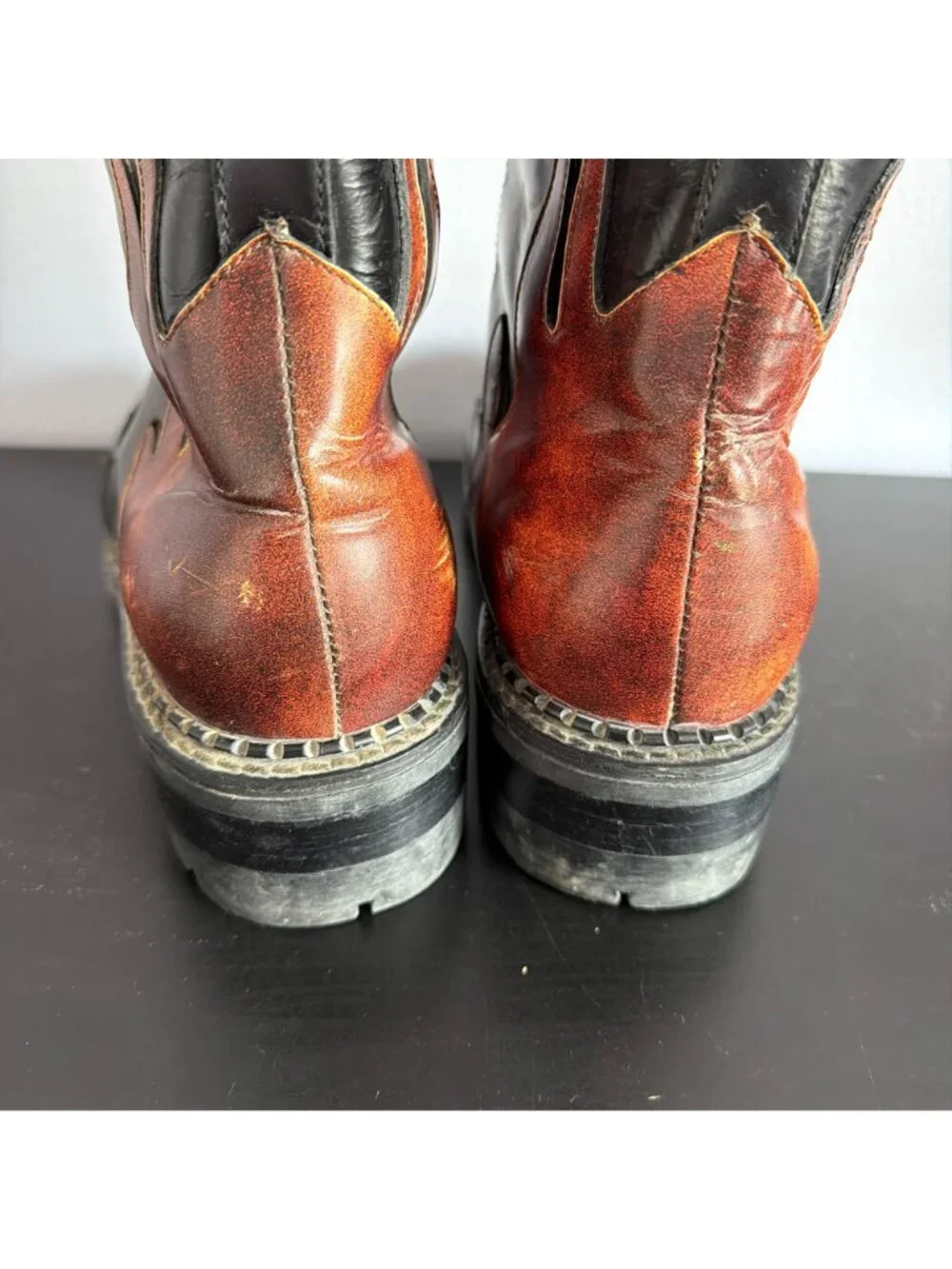 Vintage 90s Smack Leather Lace Up Boots Mens Size 10 Flame Patchwork Moto Goth